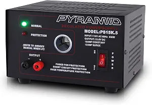 Pyramid Universal Compact Bench Power Supply - 10 Amp Linear Regulated Home Lab Benchtop AC-to-DC Converter w/ 13.8 Volt DC 115V AC 250W Input, Screw Type Terminal, 12V Car Cigarette Lighter-PS15K.5