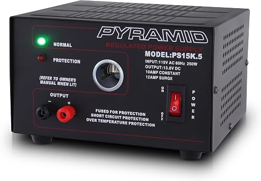 Pyramid Universal Compact Bench Power Supply - 10 Amp Linear Regulated Home Lab Benchtop AC-to-DC Converter w/ 13.8 Volt DC 115V AC 250W Input, Screw Type Terminal, 12V Car Cigarette Lighter-PS15K.5