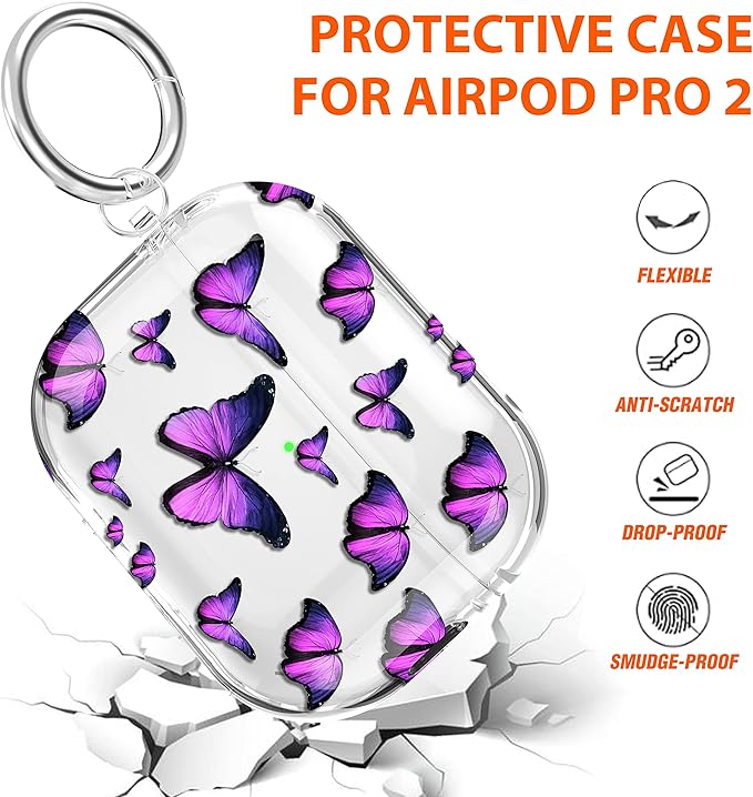 Maxjoy for AirPods Pro 2nd Generation Case, Clear AirPods Pro 2 Case for Women Men Cute Protective AirPod Pro 2 Cover with Keychain Strap for AirPod Pro 2nd Gen Cover 2023/2022, Purple Butterfly