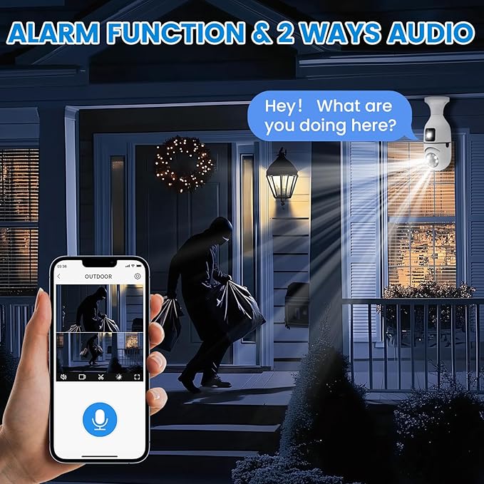 Light Bulb Security Camera, 2K/3MP Outdoor Wireless 2.4G Hz WiFi E27 Camera for Home Security, 24/7 Recording, Motion Detection and Alarm (Dual Lens) (1)