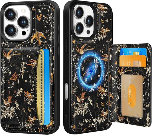 for iPhone 16 Pro Max Case with Wallet - Fits 4 Card Slots, Compatible with MagSafe for Women Aesthetic PU Leather Credit Card Holder Kickstand Phone Cover for Apple 16 Promax, Yellow Bird