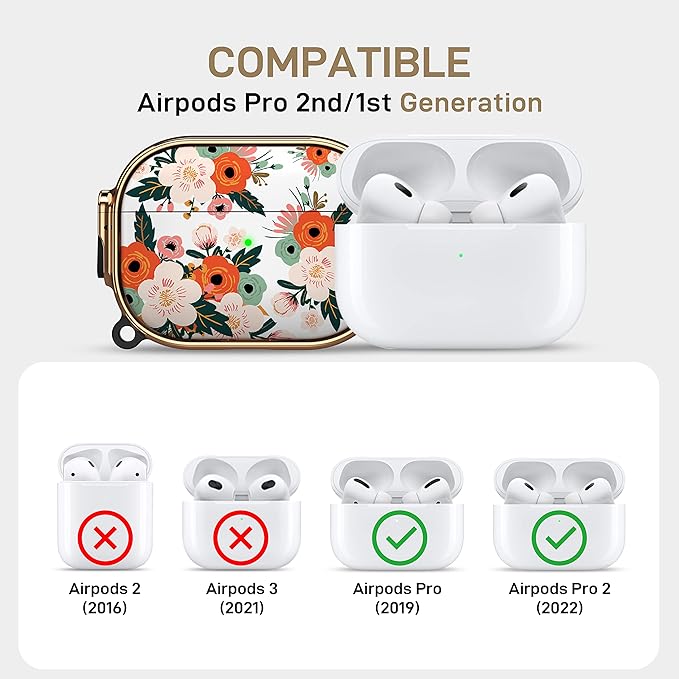 Maxjoy for Airpods Pro 2nd Generation/1st Generation Case with Lock, Flower AirPod Pro 2 Case for Women Men with Keychain Protective Hard iPods Pro Cover for Airpods Pro (2022/2019), Floral