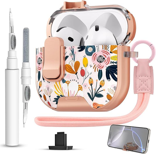 for AirPods 4 Case with Secure Lock Clip in Phone Stand,Floral Girly Style Protective Cover with Cleaning Kit and Hand Strap for Apple AirPod 4 Generation (Palm Petals)