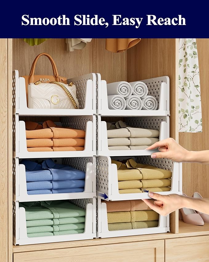 Kitsure 5-Pack Closet Organizers & Storage - Stackable Foldable Plastic Storage Drawers,Space-Saving Multi-Purpose Closet Storage Containers for Wardrobe, Bedroom or Laundry Room 16.7" x 12.9" x 6.6"