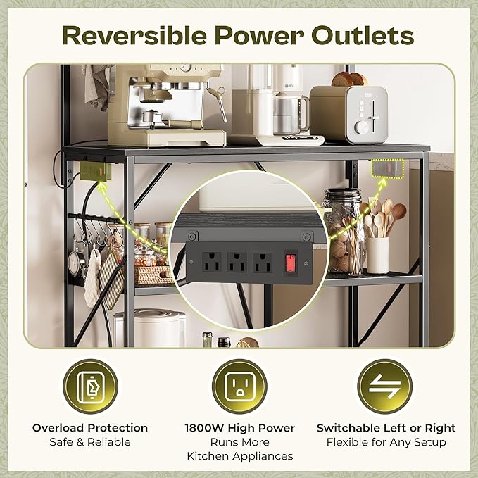 Huuger 4-Tier Bakers Rack with Reversible Power Outlet, 31.5 Inch Microwave Stand with Paper Towel Holder, Kitchen Bar, Larger Storage with Top Shelf, 6 S Hooks, Black