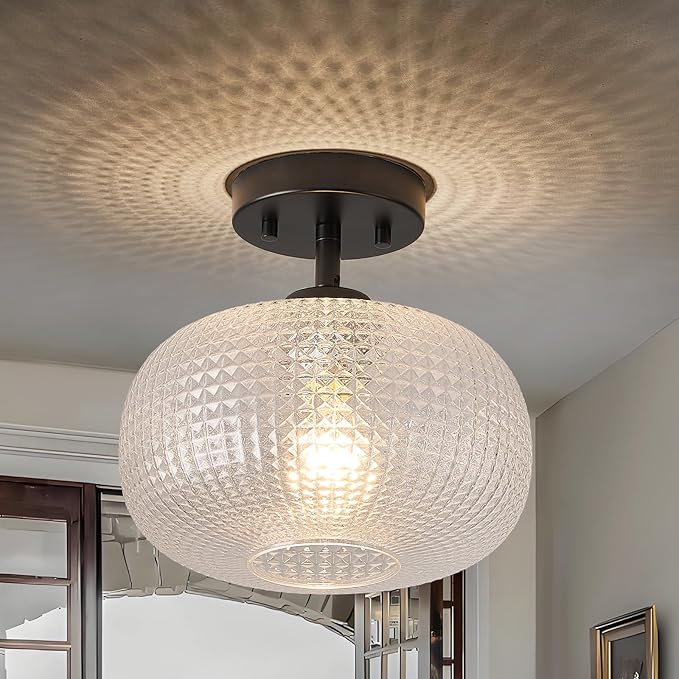 Modern Black Flush Mount Ceiling Light Fixtures,Hammered Globe Ceiling Lighting Adjustable Hanging with Seeded Glass Lampshade for Entryway Bedroom Kitchen Hallway Laundry Room,E26 Lamp,9.84 In