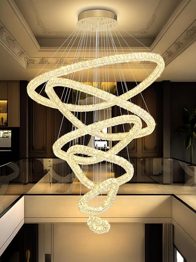 Flashing God Modern 6 Ring Crystal Chandeliers for High Ceiling Large Foyer Chandeliers LED Dimmable Crystal Ceiling Light Fixtures for Entryway Living Room Staircase Gold