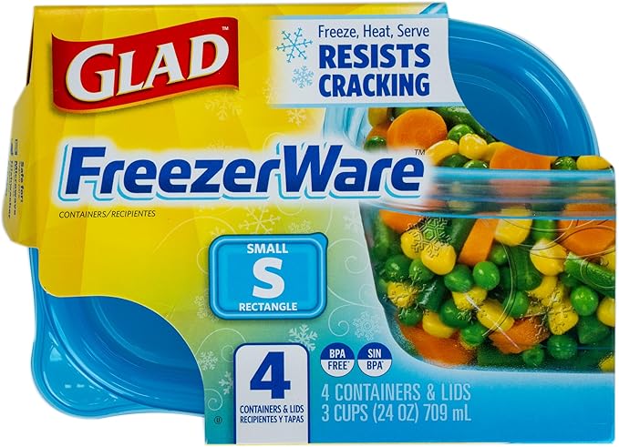 Glad GladWare Freezerware Food Storage Containers - Small Rectangle - Meal Container Holds up to 24 Ounces of Food - Lock Tight Seal, 4 Count