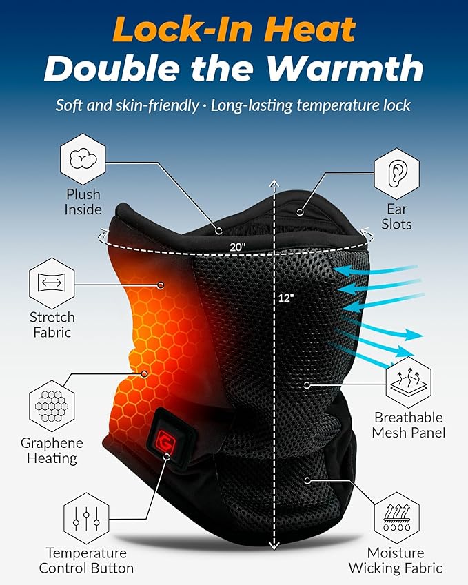 Graphene Heated Balaclava Neck Gaiter Gifts for Men Women Warm Cold Winter Gift for Ski Snowboard Motorcycle