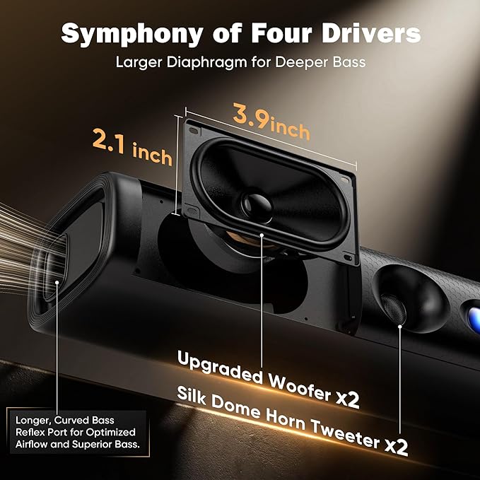 Sound Bar for Smart TV,3.1ch Soundbar with Wired Subwoofer,100W Deep Bass, TV-ARC/Optical/AUX/Bluetooth 5.3 Connect, Surround Sound System for TV PC/Gaming/Projectors