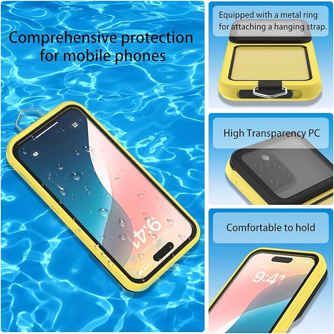 Waterproof Phone Case,Universal Self-Check Function Pouch Dry Bag,Underwater Photo & Video Protective Housing,Pool Beach Travel Essentials Snorkeling Case (Yellow, 6.7 inches)