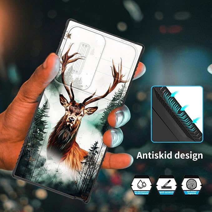 for Galaxy S24 Ultra Case Built in Slide Camera Lens Cover,Heavy Duty Shockproof Protection Dual Layer Case for Samsung Galaxy S24 Ultra 6.8" 2024,Forest Deer