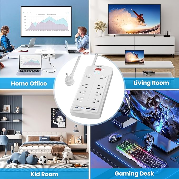 8-Outlet Surge Protector Power Strip, POWSAF 10Ft Flat Plug Extension Cord with 2 USB-C (PD 20W) Fast Charging Ports and 2 USB-A Ports for Home, Office, 2700 Joules, ETL, White