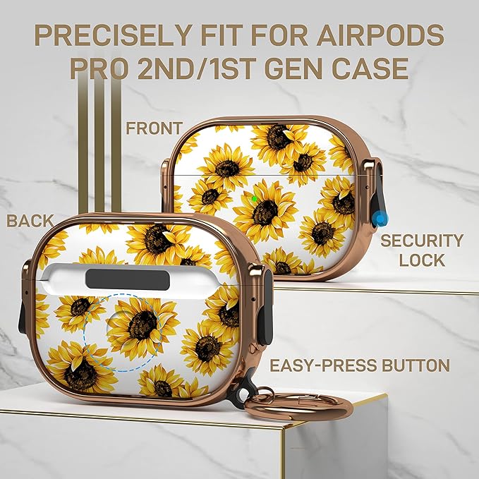 Maxjoy for AirPods Pro 2nd/1st Generation Case with Lock, Cute AirPods Pro 2 Case Lock Protective Hard AirPod Pro Cover for Women Girly with Keychain for Airpod Pro (2023/2022/2019), Sunflower