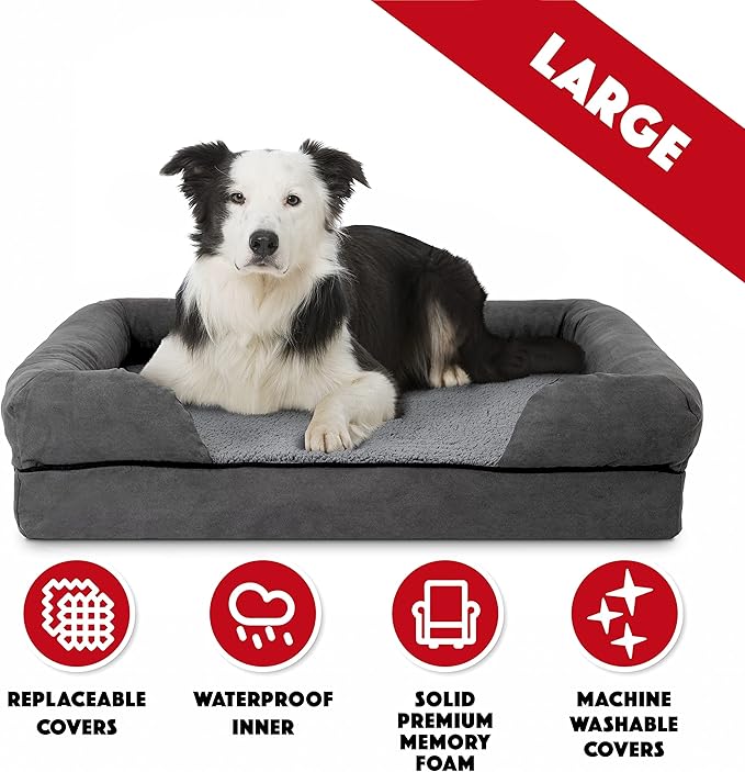 The Dog’s Bed, Large Grey Plush (no Logo), Memory Foam, Pain Relief: Arthritis, Hip & Elbow Dysplasia, Post Surgery, Lameness, Supportive, Calming, Waterproof Washable Cover