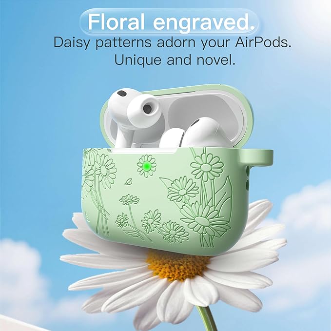for AirPods Pro 3 Case (2025) DamonLight Daisy Floral Engraved Shockproof Protective Soft Silicone Case Cover with Cleaning Pen and Keychain for Apple Airpods Pro 3rd Generation(Avocado Green)