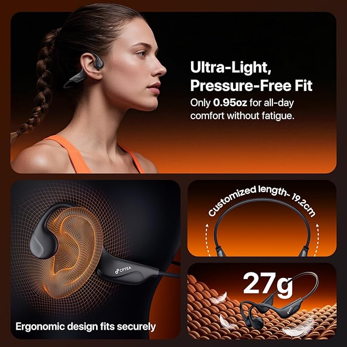 Bone Conduction Headphones, Open Ear, Bluetooth V6.0, IPX5, Sweat Resistant,10Hrs Playtime, Comfortable Fit Sports Wireless Earbuds with Built-in Mic for Running, Gym, Cycling, Outdoor, Black