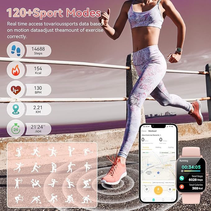 Smart Watch for Men Women, 120+ Sports Modes, Bluetooth Calls/Messages, 1.85" HD Touch Screen, IP68 Waterpro of Fitness Tracker with Heart Rate/Sleep Monitor, Compatible with Android/iOS (Pink)
