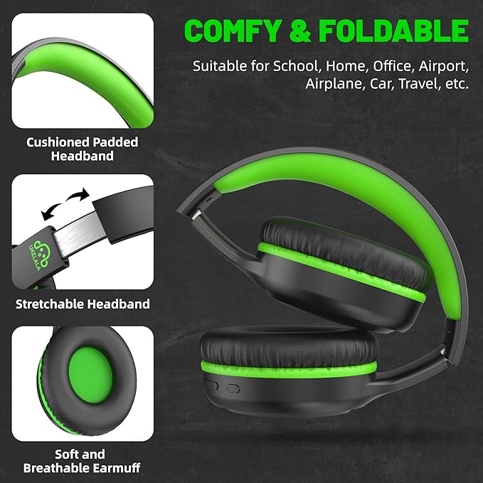 U2B Active Noise Canceling Wired & Wireless Bluetooth 6.0 Headphones with Microphone, Foldable Lightweight Head Phones with Volume Control‌ for Kids Adult School Black Green