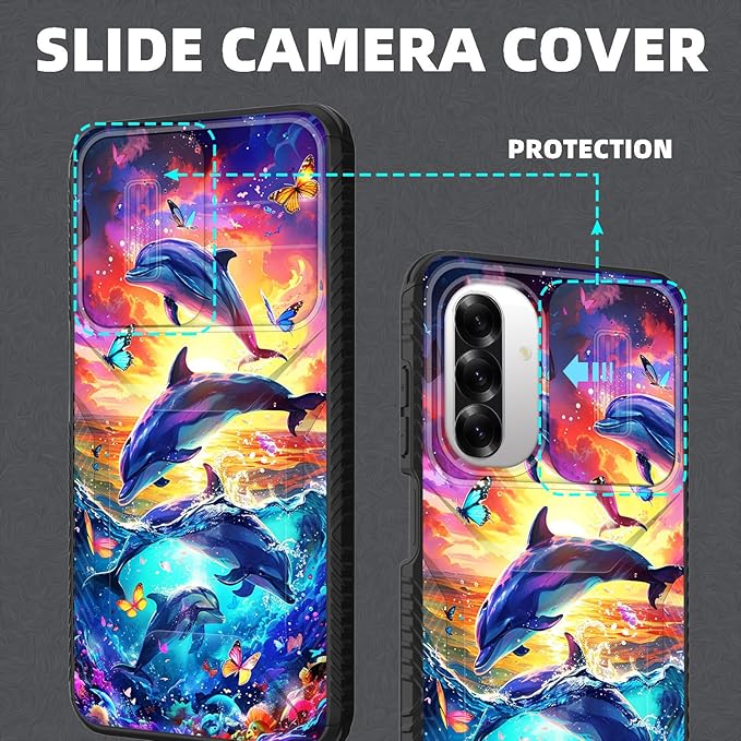 for Galaxy A26 5G Case Built in Slide Camera Lens Cover,Heavy Duty Shockproof Protection Dual Layer Case for Samsung Galaxy A26 5G 6.7" 2025,Dolphins and Butterflies