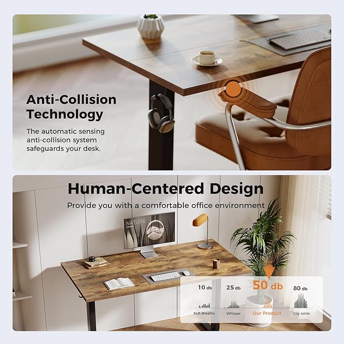 Height Adjustable Electric Standing Desk, 48 x 24 Inches Stand Up Desk, Ergonomic Raising Computer Table with Memory Preset Button, Two-Piece Desktop, Rustic Brown