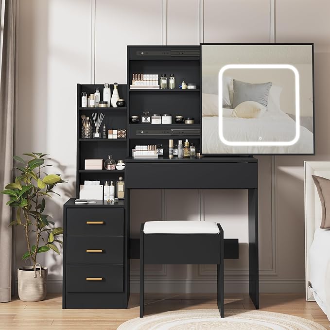 Vanity Desk with Sliding LED Mirror, Makeup Dressing Table with 4 Drawers, Storage Shelves, Power Outlet & Cushioned Stool, Adjustable 3 Lighting Modes, Modern Vanity Set for Bedroom, Black