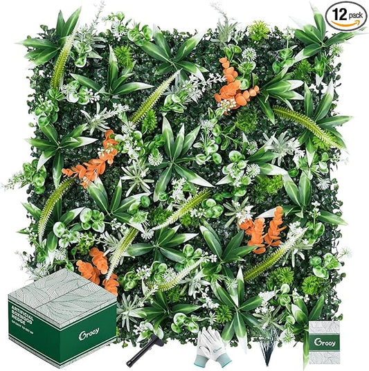 20"X20" Artificial Boxwood Panels, 12PCS Grass Wall Hedge Panels UV-Protected Greenery Privacy Hedge Screen, Grass Backdrop Wall for Indoor Outdoor Patio Balcony, Party Garden Fence Decor