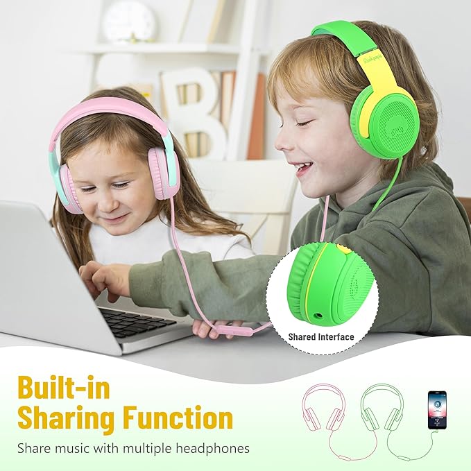 rockpapa Share 1 Kids Headphones Wired with Microphone & Share Port, 85dB/94dB Volume Limited, Cute Foldable Student Child Boys Girls Headphones for School/Travel Green/Yellow+Pink/Green