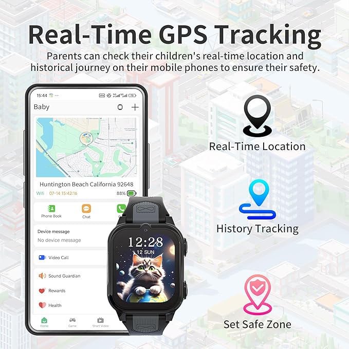 4G Kids Smart Watch Boys with GPS Tracker Video & Voice Calling Text, GPS Watch for Kids Age 5-12, SOS Chat Camera Pedometer Alarm Calculator Games Boys Gifts(Black)