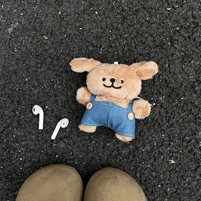Yatchen Furry Case for AirPods 4,Funny Cute 3D Cartoon Plush Kawaii Khaki Puppy Wearing Overalls Design Fluffy Soft Warm Cover for AirPods 4rd Generation Carrying Box with Keychain Protective Case