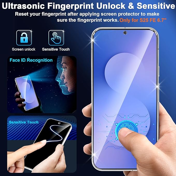 3 Pack for Samsung Galaxy S25 FE Screen Protector Tempered Glass + 3 Pack Camera Lens Protector, Military Grade Shatterproof, 9H Hardness, Fingerprint Unlock, Case Friendly 6.7 Inch