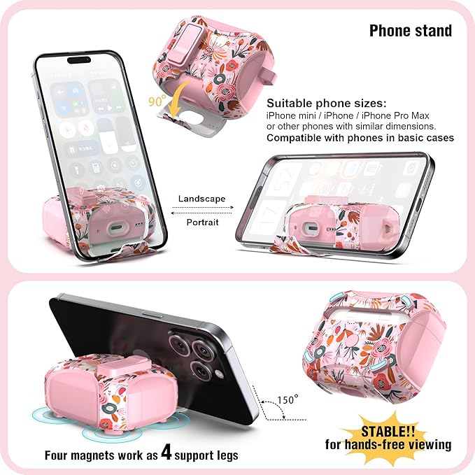 wenew Compatible with AirPods Pro 2nd/1st Generation Case Cover with Phone Stand, Cleaner, Clip, Compatible with Magsafe, One-Click Pop Open Lock iPod Pro Charging Case (Pink 1, AirPods Pro & Pro 2)