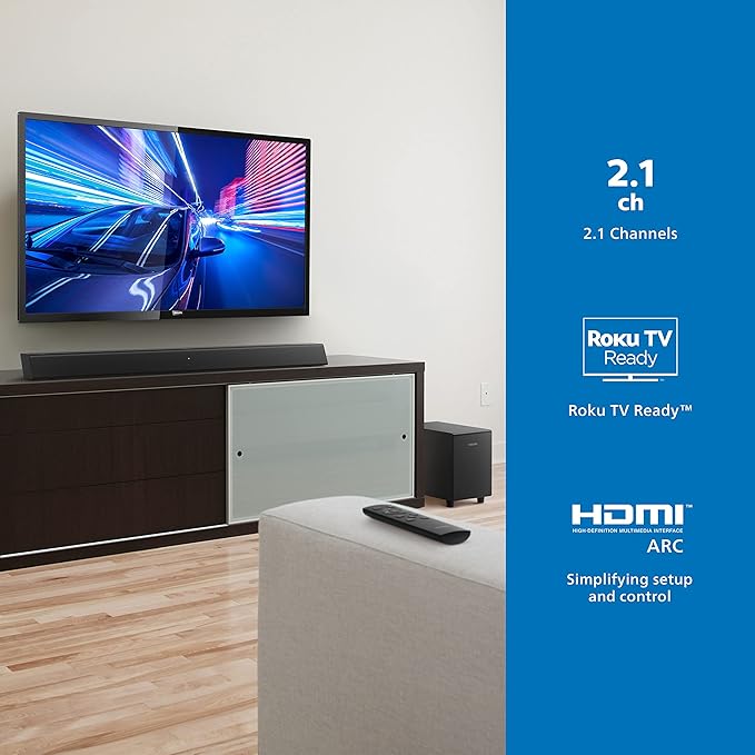Philips B5306 2.1 Channel Soundbar with Wireless Subwoofer - Bluetooth, HDMI ARC, Roku TV Ready, 40W Max Power, Black