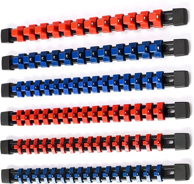 ALOANES 6PC ABS Socket Organizer, Socket Rails Fit 1/2 inch, 3/8 inch and 1/4 inch Drive, Heavy Duty Socket Holders Hold up to 86 Sockets, Black Rails with Red Blue Black Clips