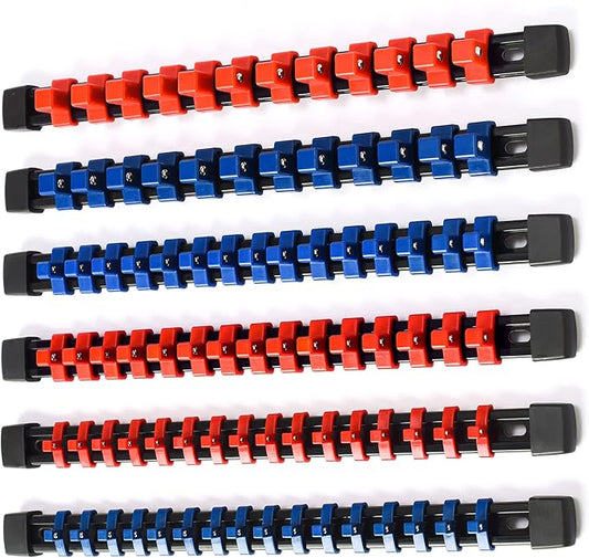 ALOANES 6PC ABS Socket Organizer, Socket Rails Fit 1/2 inch, 3/8 inch and 1/4 inch Drive, Heavy Duty Socket Holders Hold up to 86 Sockets, Black Rails with Red Blue Black Clips
