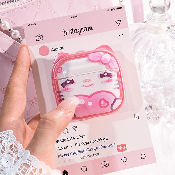 for AirPods 4 Case with Cleaning Kit, Cute Cat Ear Print Design & Cute Buckle, Inverted Phone Holder Design, Top Safe Lock Buckle Design, for Girls AirPods 4 case 2024, Pink Cat