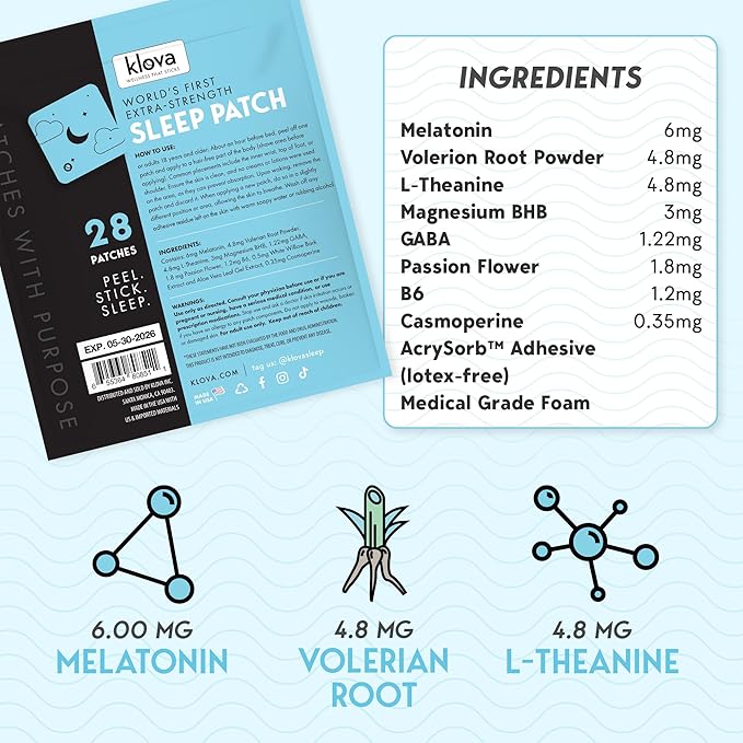 Klova Extra Strength Sleep Patches for Adults | Natural Sleep Aid with 6mg Melatonin, Valerian & L-Theanine | Non-Habit-Forming Deep Sleep Support for Men & Women | 28 Patches