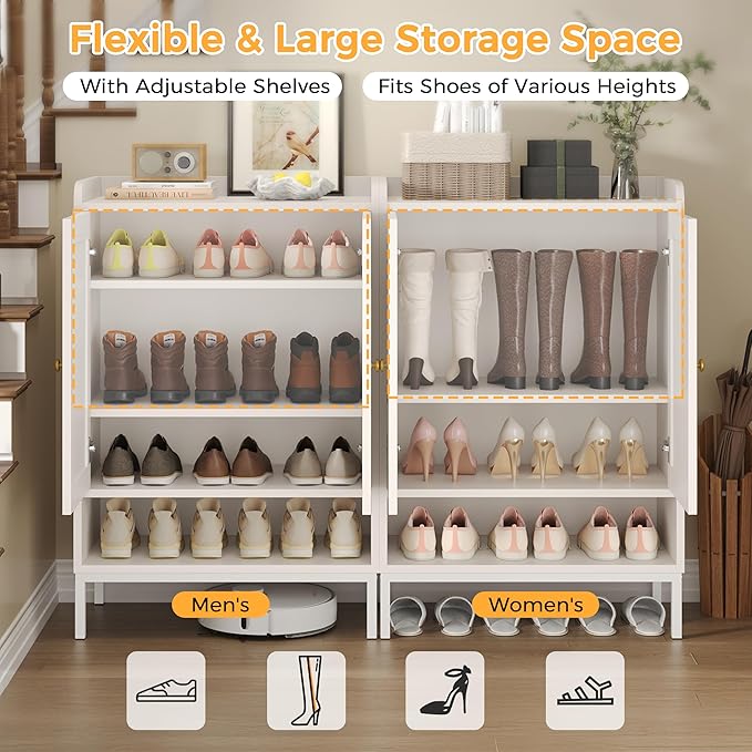 JASIWAY Rattan Shoe Cabinet Storage for Entryway, Shoe Cabinet with Adjustable Shelves for Entryway, 5-Tier, 20 Pair Shoe Rack Storage for Hallway, Closet, Living Room, White