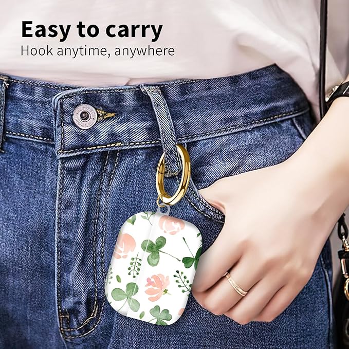Compatible with Airpod pro 2nd/1st Generation Case Cover with Gold Round Keychain Cute Pattern Hard & Anti Slip Cover for Men Women & Girls（Flowers and Plants）