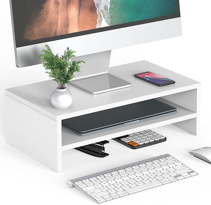 FITUEYES Wooden Monitor Stand Riser, 2-Tier Desk Storage Shelf, White