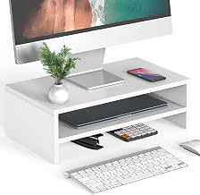 FITUEYES Wooden Monitor Stand Riser, 2-Tier Desk Storage Shelf, White - Image 1