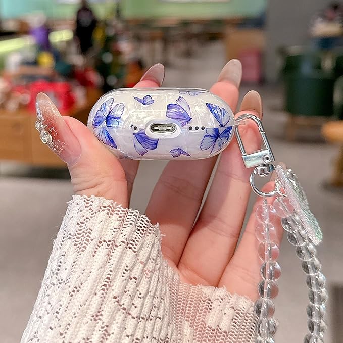 for Airpod 4 Case Cute White Marble Hard Protective Cover with Keychain Compatible with AirPods 4th Generation Case 2024 for Girls Women (Bluish-Purple Butterfly)