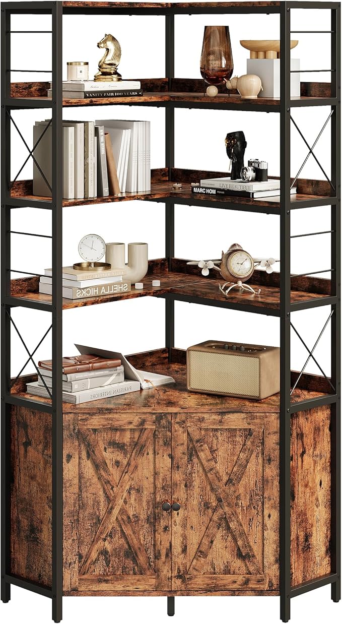 IRONCK Bookshelves 6 Tiers, Corner Bookshelf with Baffles, Bookshelves and Bookcases with Doors, Industrial Display Bookshelf for Living Room, Kitchen