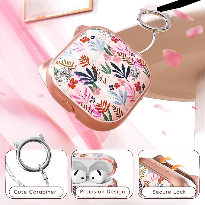 for AirPods 4 Case with Cleaning Kit, Cute Cat Ear Print Design & Cute Buckle, Inverted Phone Holder Design, Top Safe Lock Buckle Design, for Girls AirPods 4 case 2024, Rose Gold Leaves