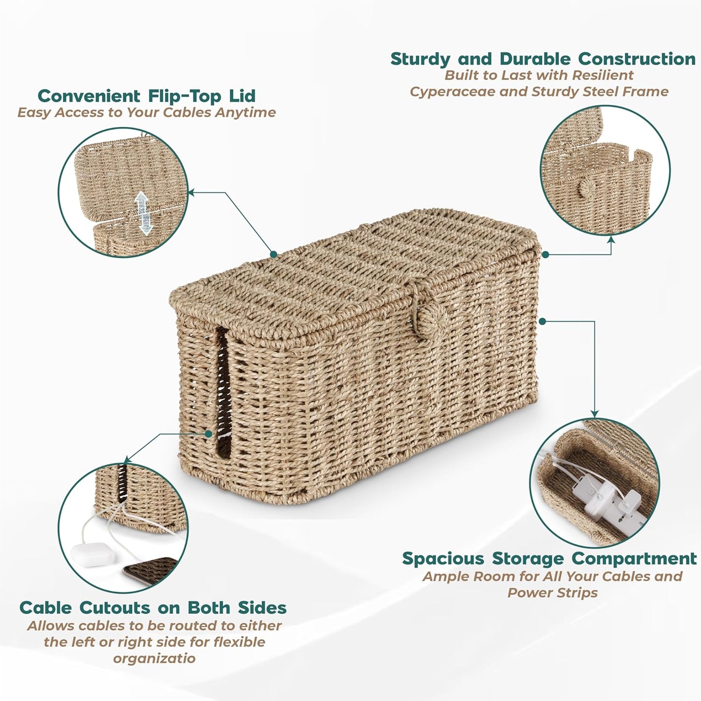 Natural Rattan Cable Management Box Set – 2 Sizes, Cord Hider for Power Strip, TV & Desk | Techloop Living