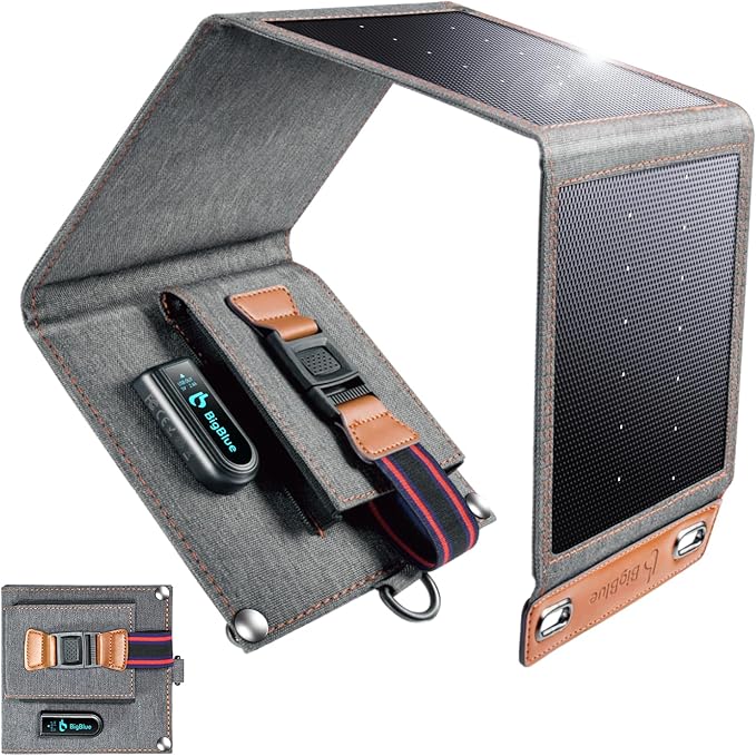 BigBlue 14W Solar Charger - Portable Waterproof IPX4 USB Solar Panel - Compact Foldable Design - Grey