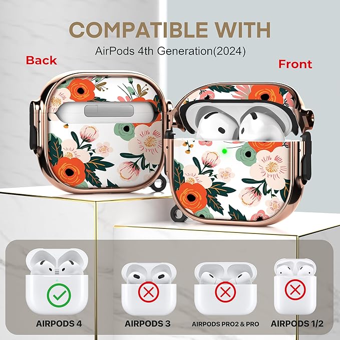 Maxjoy for AirPods 4 Case with Lock, Cute AirPods 4 Case Lock Protective Soft AirPod 4 Generation Cover for Women Girly with Keychain Clip for AirPod 4th Generation Cover 2024, Flower