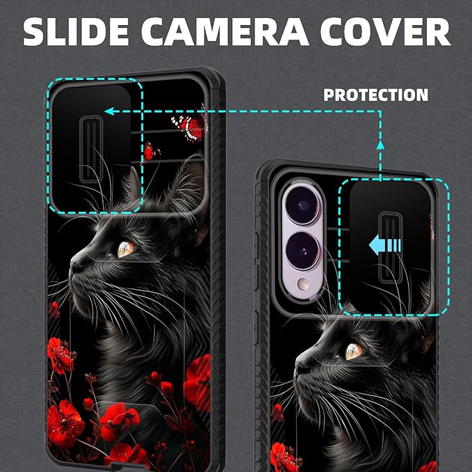 for Galaxy S25 Edge Case Built in Slide Camera Lens Cover,Heavy Duty Shockproof Protection Dual Layer Case for Samsung Galaxy S25 Edge 2025,Black Cat Flowers and Butterflies