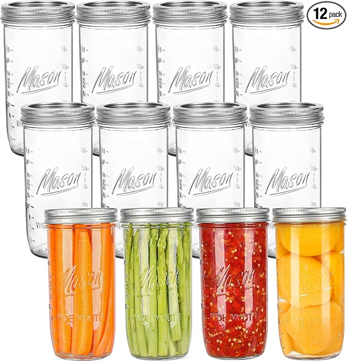 24 oz Wide Mouth Mason Jars - Canning Jars with Metal Airtight Lids and Bands, 24 ounce Mason Glass Jars for Fermenting, Pickling, Meal Prep, Overnight Oats, Jam, Jelly, DIY Projects (12 pack)