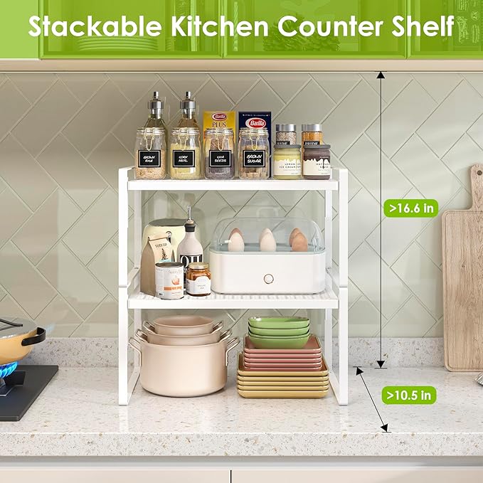 2 Pack Kitchen Countertop Organizer, Stackable Cabinet Shelf Organizer, 2 Tier Adjustable Kitchen Counter Shelves Riser For Pantry Cupboard Bathroom Organization And Storage, Desk Shelf,Spice Rack